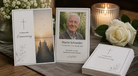 Sterbebilder als liebevolle Erinnerung bei Beerdigung und Trauerfeier mit Kerze, weißer Rose und Gedenkkarten