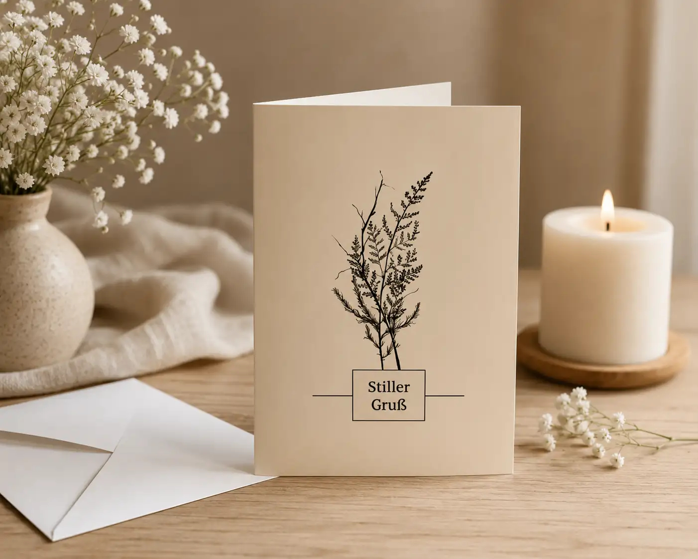 Kondolenzkarte Stiller Gruß mit Kerze, weißen Blumen, Umschlag und warmer Trauerstimmung