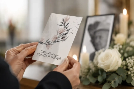 Sterbebild Abschied von Rudolf Meier mit floraler Gestaltung, Kerzenlicht und würdevoller Gedenkatmosphäre