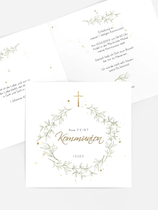 Einladungskarte Kommunion Kreuz und Kranz