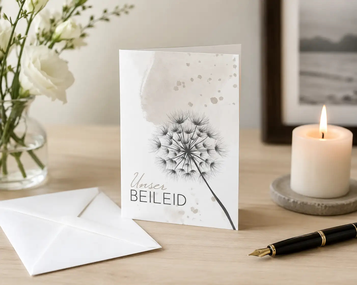 Kondolenzkarte Unser Beileid mit Kerze, weißen Blumen und sanftem grauem Hintergrund für schriftliche Anteilnahme